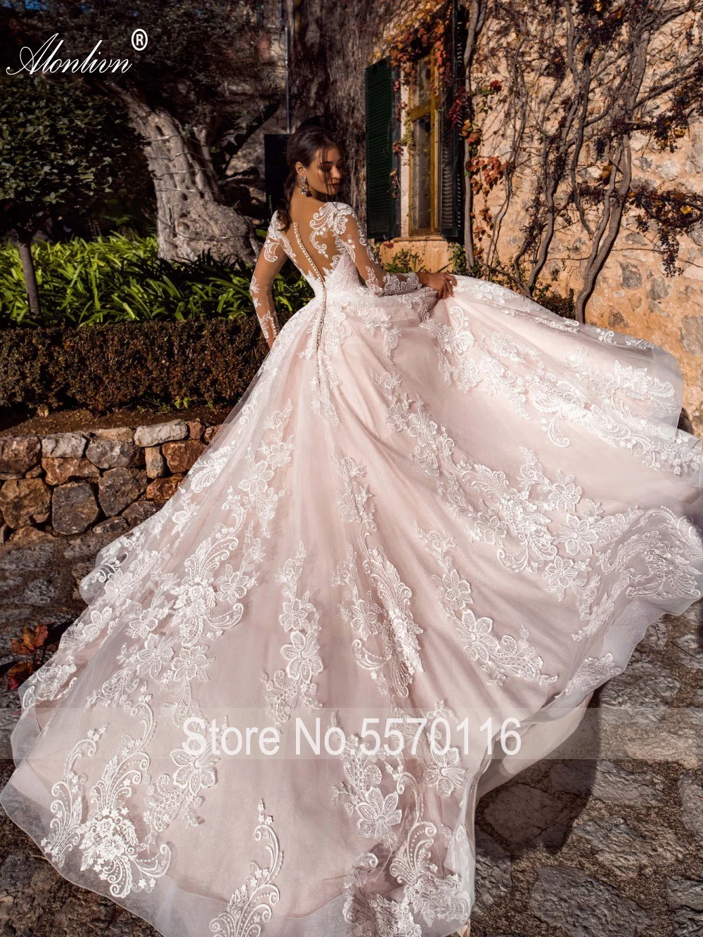 Alonlivn High-end Whole Appliques Lace Bride Skirts Vestido de Noiva V-Neck A-Line Long Sleeves Wedding Dress