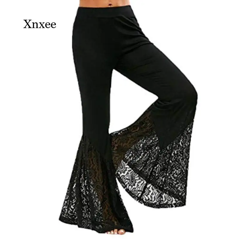 

2021 Summer Women's Fashion High Waist Lace Insert Wide Leg Pants Tights Loose Trousers Sexy