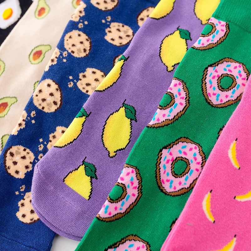 Colorful Women\'s Socks Woman\'s Cotton Socks Fruits Banana Avocado Lemon Egg Cookie Donuts Food Happy Color Sox Harajuku Socks