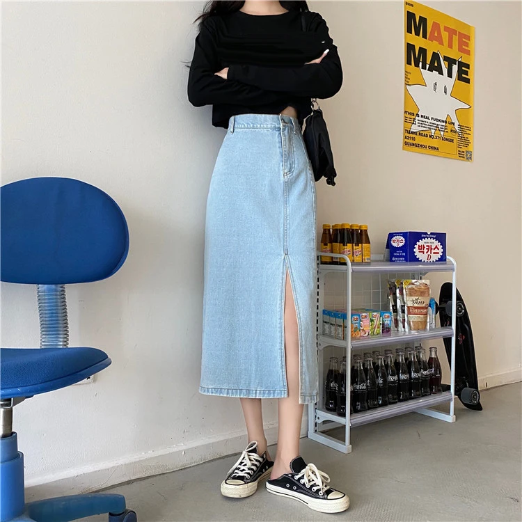 

Autumn Women Denim Skirt Korean Style Vintage Slim High Waist Skirt Women Sexy High Split A Line Long Skirts