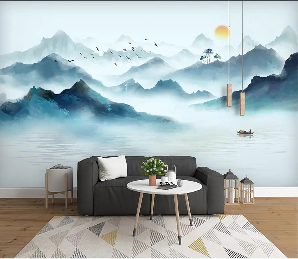 Chinese ink landscape fog forest lake background wall Mural home decoration custom size 3D Wallpaper self-adhesive material image 6