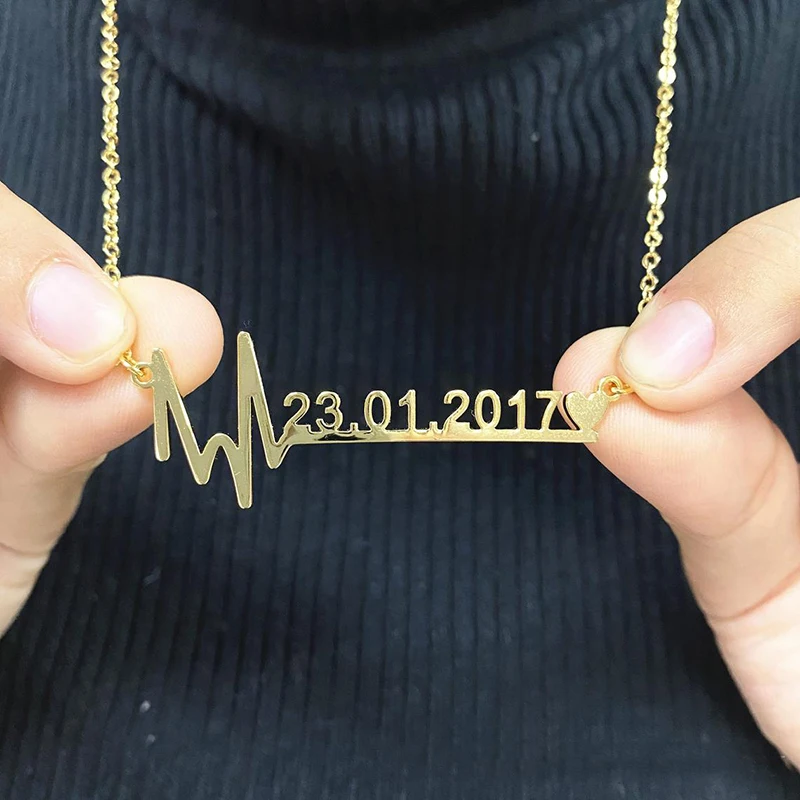 

Personalized ECG Necklace for Women Man Stainless Steel Pendant Nameplate Necklaces Custom birthday date Chain for Friend Gift