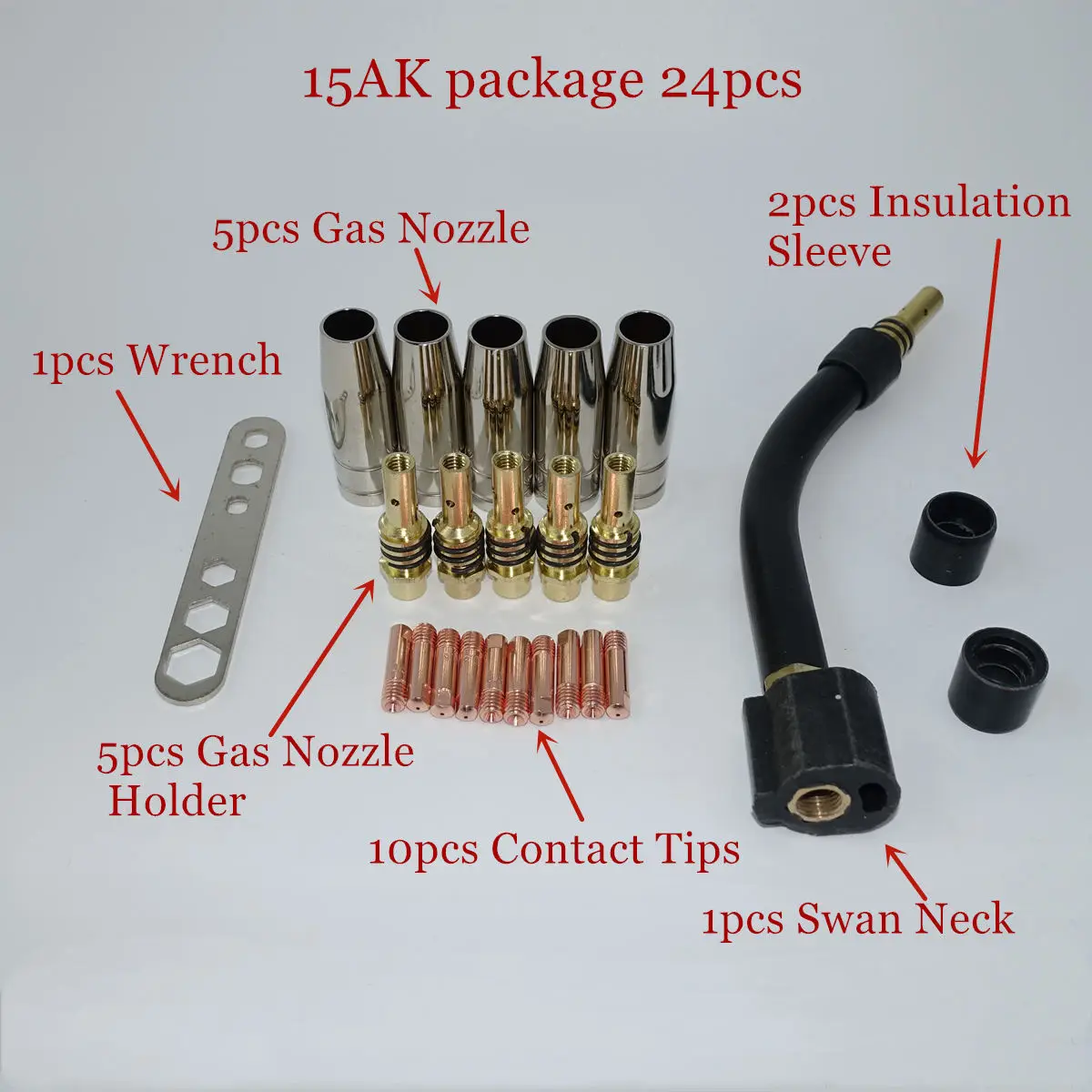 15AK Torch/Gun Consumables 24pcs Gas Nozzle/Tips/Holder Tips Goose Neck Bend for MIG/MAG Welding Machine