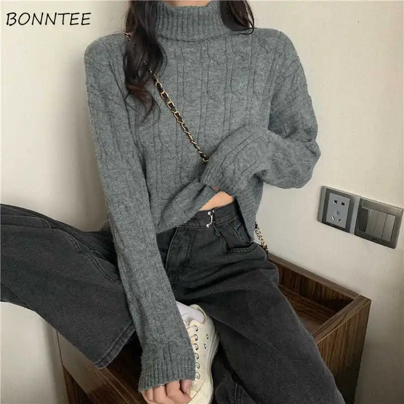 

Sweaters Women Solid Tender Cropped All-match Autumn Korean Style Stylish Long Sleeve Knitting Turtleneck Windproof Simple Chic