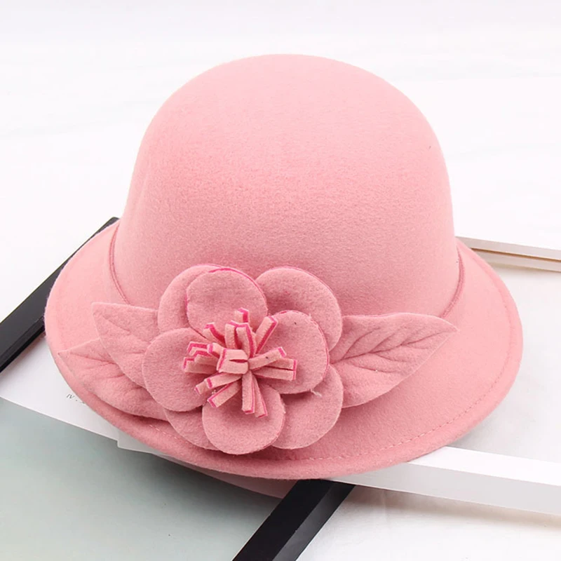 Women Elegant Woolen Fedora Three-dimensional Flowers Ladies Fall Hats Female Bucket Hat Short Brim Autumn Cap