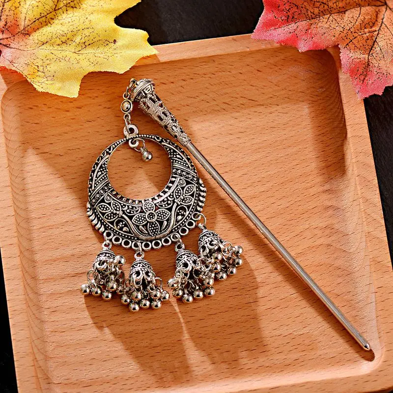 Boho Vintage Indian Hair Pins For Women Ethnic Sliver Color Big Bells Tassel Flower Carved Pendant Hair Sticks Hair Jewelry 2019
