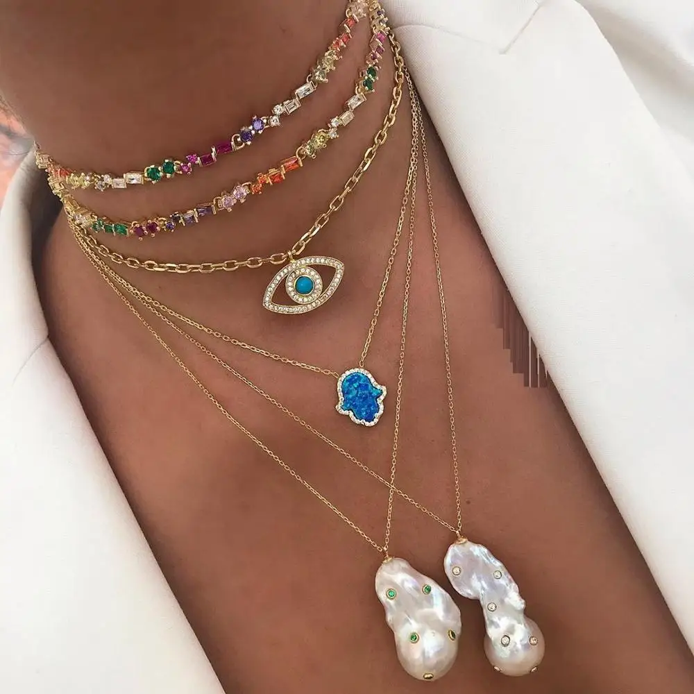 rainbow cz choker necklace gold color adjusted box chain multi layer 2020 new fashion collar chain