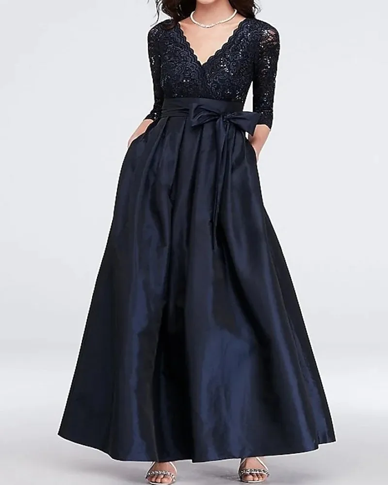 Modern Dark Navy Evening Dress with Sash 2021 V Neck Floor Length Lace Satin Prom Party Gown Vestidos Fiesta Robe De Soiree