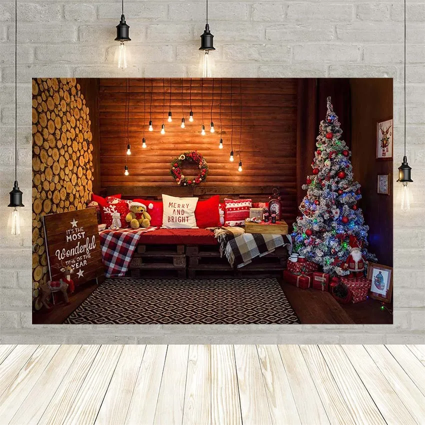 Avezano Merry Christmas Background For Photography Winter Wood Wall Bright Light Bed Family Portrait Background Photo Studio Decor