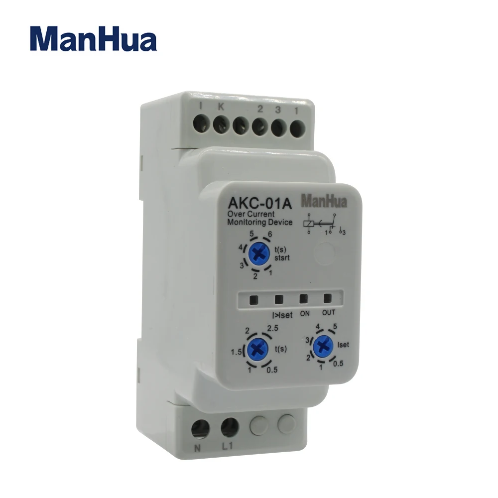 ManHua Din Rail Current Protection Relay AKC-01A 220V 0.5-5A Over current monitoring device Start-up delay 1-6 sn