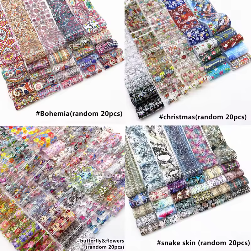 20 גלילים של נייר העברת גרדיאנט לציפורניים להלווין, מדבקות אמנות ציפורניים לחג המולד עם פסים פרחוניים, מדבקות למניקור וקישוט ציפורניים