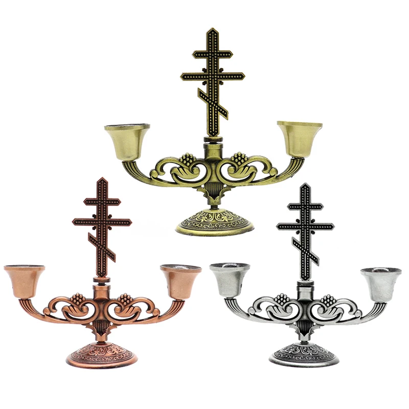 Candelabro de Metal para decoración del hogar, candelabro votivo de latón, candelabro de Cruz religiosa, Retro, artículos religiosos