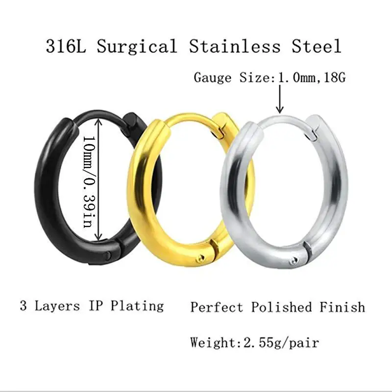 316L Stainless Steel Hoop Earrings Vacuum Plating No Fade Anti-allergy Line 2.5mm Inner Diameter 8/10/12/14/16/18/20mm