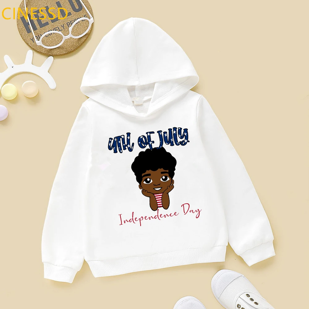 4th Of July Independence Day Cute Black Boy Print Cap Hoodies Kids Winter Fleece Streetwear Teens Thick Tracksuit Birthday Chris