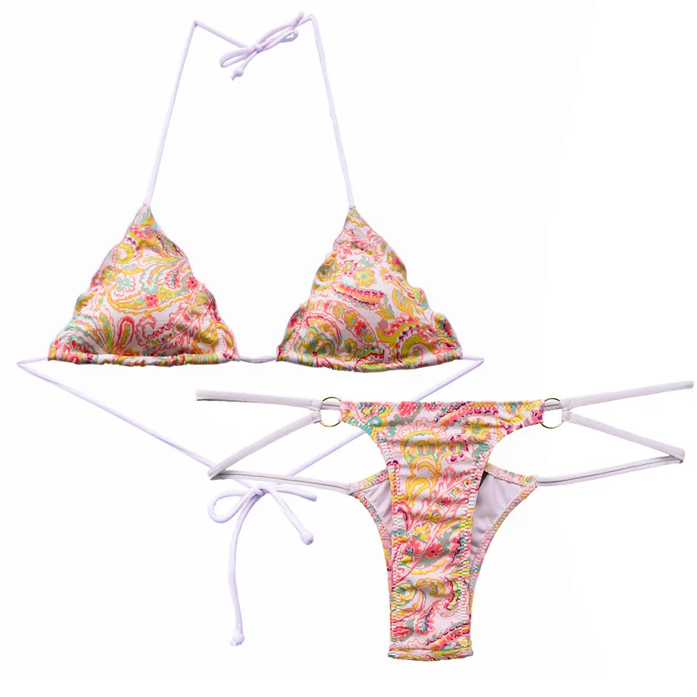 

Summer Women Yellow Bow Triangle Bikini Set Printing Secret Swimsuit Biquini Thong Bottom Brazilian Bathing Suit Cheeky Swimwear