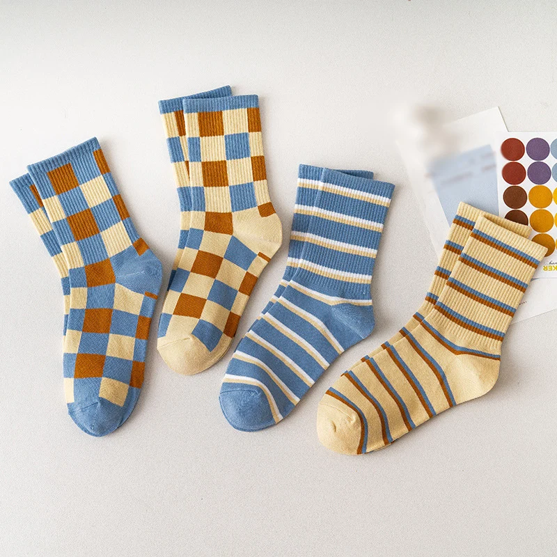 Japanese Loose Socks Cute High School Girls Harajuku Socks Needles Knitting Square Lattice Cotton Socks Women Newest