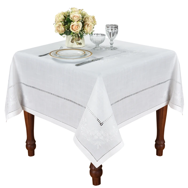 [874Camellia Casa]Elegant,Chamomile Hemstitch Tablecloth,Special Treated Polyester,LinenLook Washable,Whiht, Square/Oblong/Round