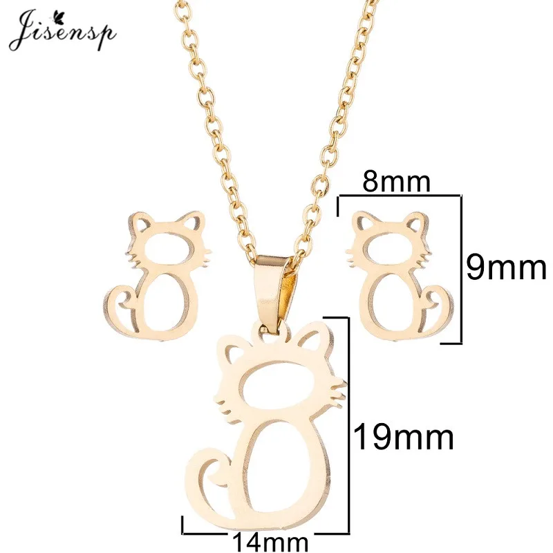 Stainless Steel Necklace Earrings Set Fashion Jewelry for Women 2024 Cute Cat Star Leaf Heartbeat Necklaces Pendants Brincos