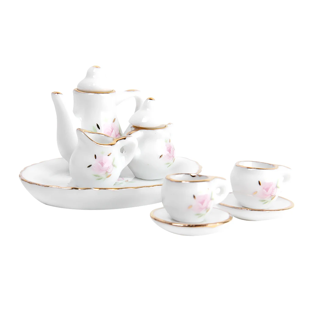 MagiDeal 8pcs Tea pot Tea cups Small saucers Sugar bowl Dollhouse Miniature Tableware Porcelain Tea Set Dish Cup Plate Toys Gift