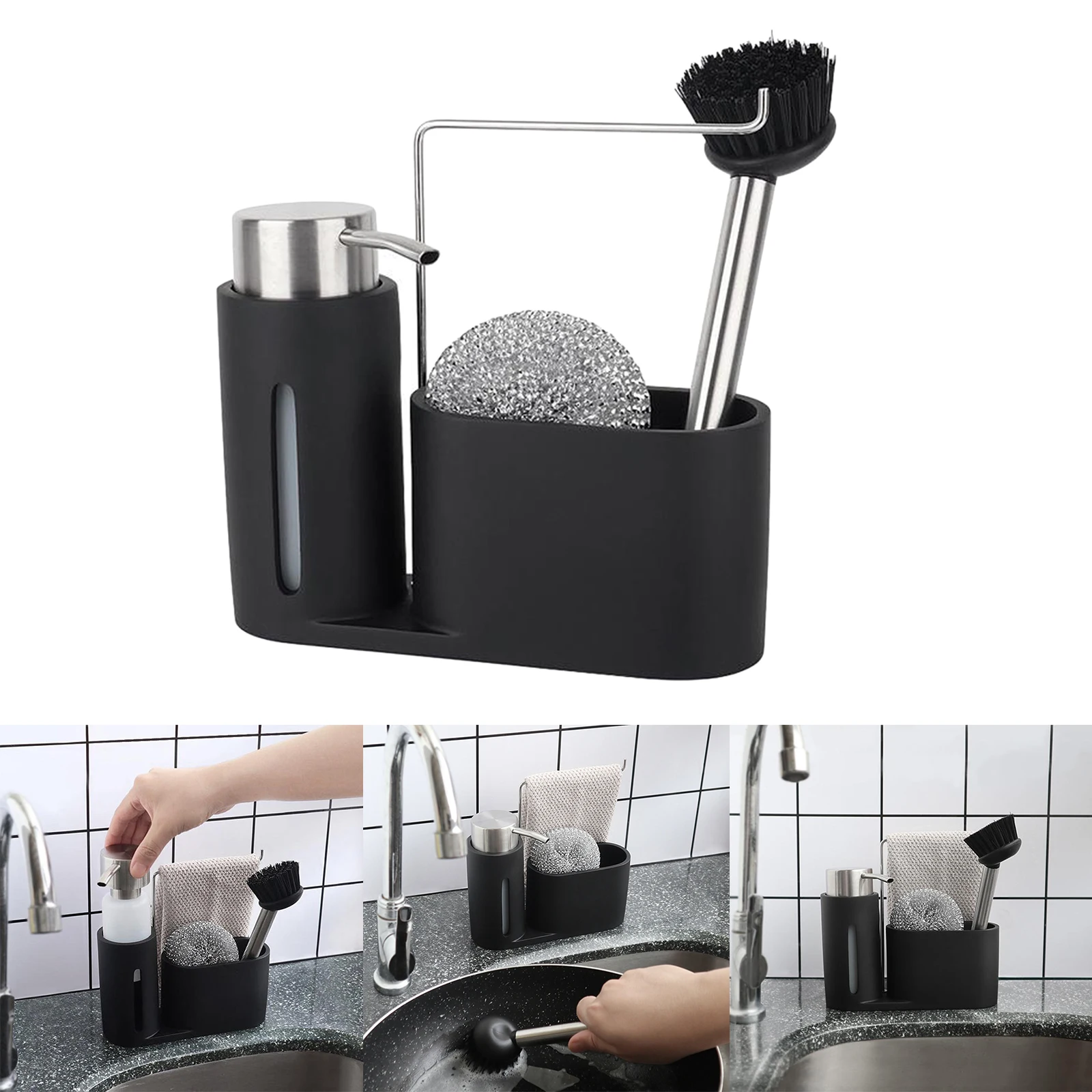 Premium Kitchen Cleaning Kit Soap Dispenser Detergent Steel Ball Brush Storage Organizer Holder Caddy Set for Sink Bathroom