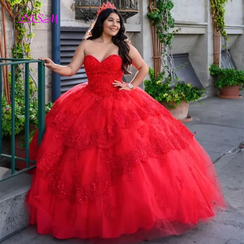 Đỏ Người Yêu Quinceanera Váy 2021 Áo Ngủ Choàng Tay Appliques ĐÍNH HẠT CƯỜM Công Chúa Cuộc Thi Đầm Dự Tiệc Ngọt 16 Bầu