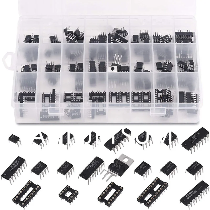 169Pcs 21 Values Integrated Circuit Chip Assortment Kit, 2.54mm IC Sockets 8 14 16 18 Pins, LM324 LM358 LM386 LM393 LM339 NE5532