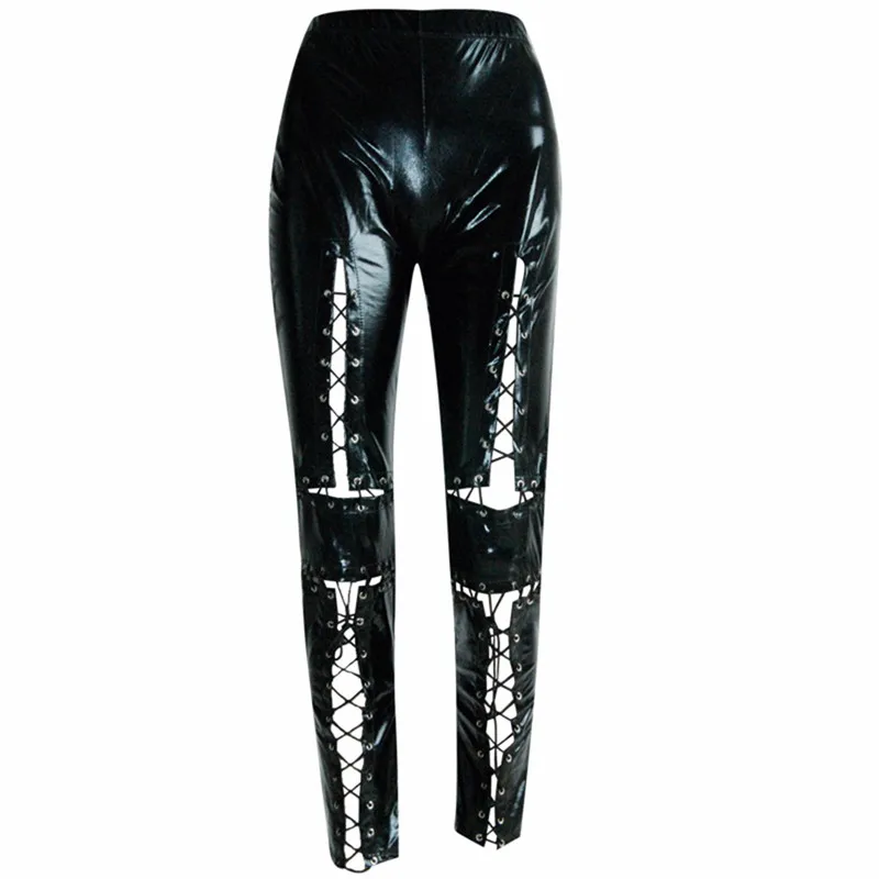 Women Gothic Faux Leather Elastic Leggings Hollow Out Lace Up PU Leggins Leggings Lady Fetish Sexy Black Punk Rock Skinny Pants