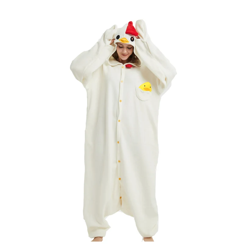 Unisex White Anime Rooster Cartoon Kigurumi Kids Onesie Pajamas Fleece Jumpsuit Funny Sleepwear Women Girl Cosplay Clothes