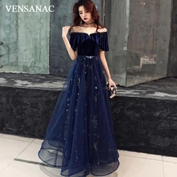 VENSANAC Illusion Crystal V Neck Tulle A Line Long Evening Dresses Party Short Sleeve Backless Prom Gowns