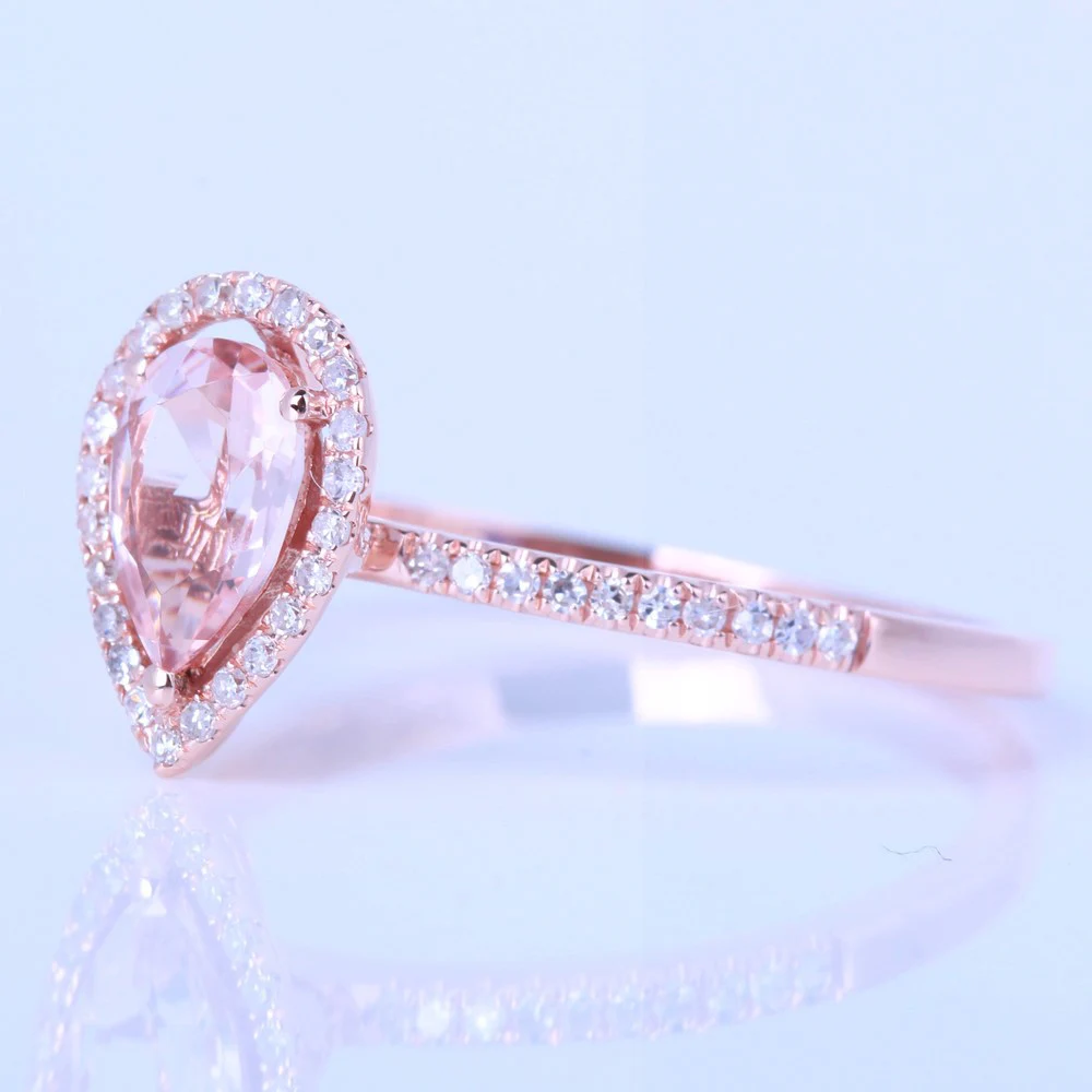 Shruno Solid 14k AU585 Rose Gold Pear 7x5mm Natural Morganite Diamonds Engagement Wedding Ring Women Fine Jewelry Gemstone Ring