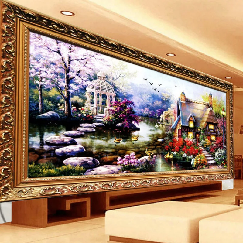 In 2021 the new precision printing cross-stitch sitting room bedroom European oil painting scenery garden cabin sharply dream