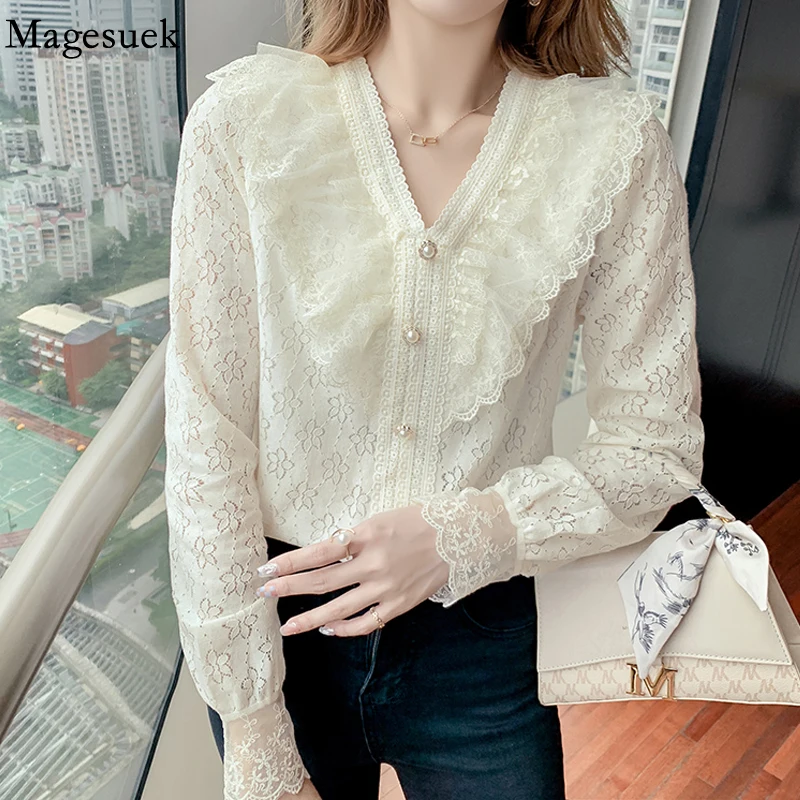 

Fashion Crochet Flower Sweet Lace Blouse Women Ruffle Stitching V-neck Chiffon Shirt Autumn Long Sleeve Loose Tops Blusas 17507