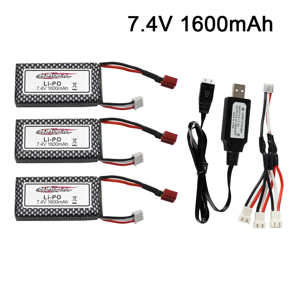 7.4V Battery for XINLEHONG 9125 RC Car Spare Parts with USB Charger 7.4V 1600mah Lipo Battery for Wltoys 14400 RC Racing Cars