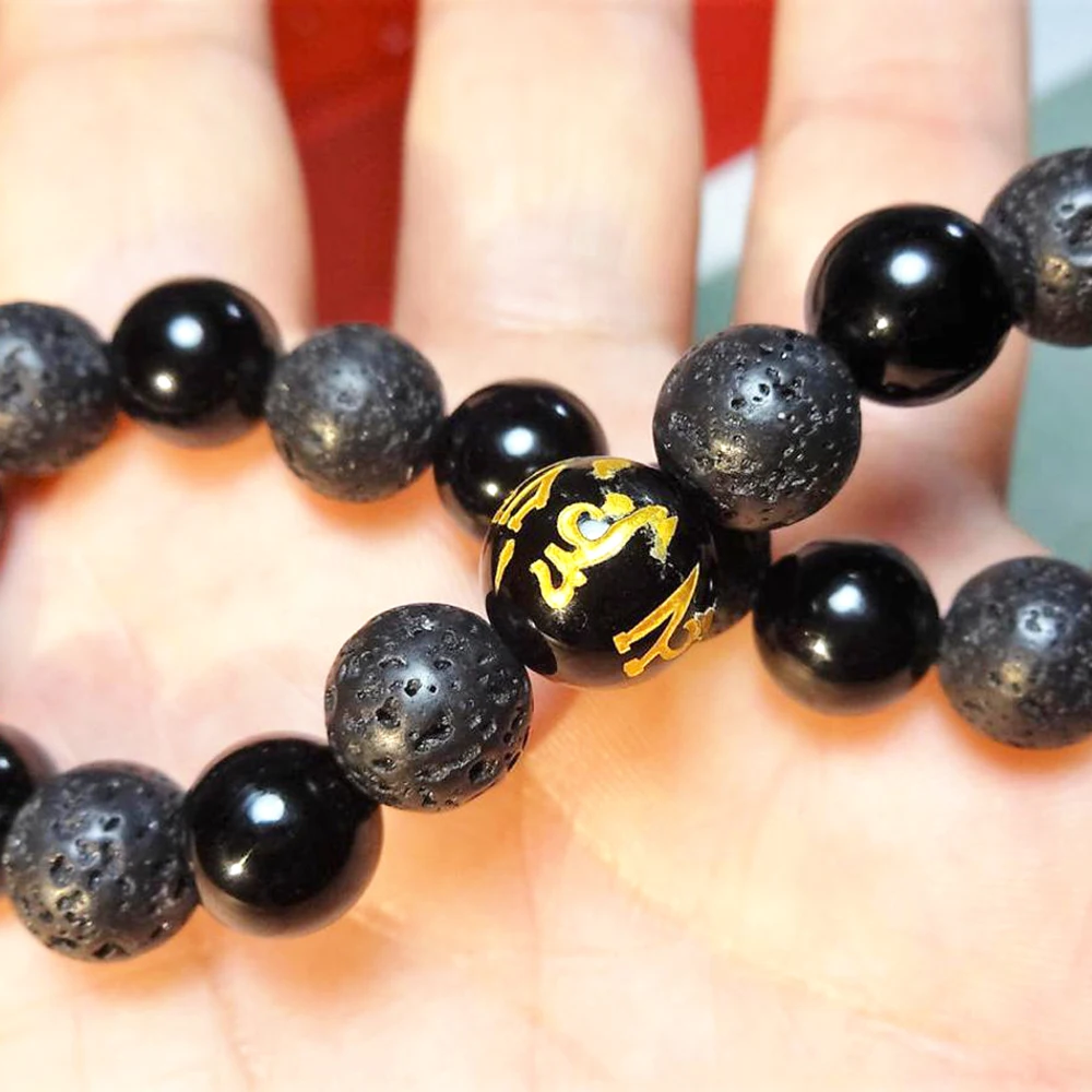 Ruberthen 10mm Natural Lava Black Tourmaline Bracelet Tibetan Buddish Yoga Mala Bracelet Best Men`s Energy Bracelet