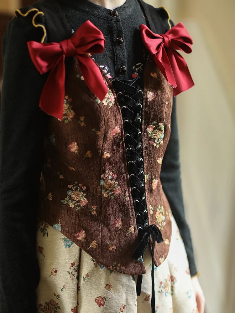 Women Jacket Fall Winter Vintage Elegant Slim Floral Coffee Vest Retro Court Style Rococo Lovely Style Cute Bow Lolita Vests