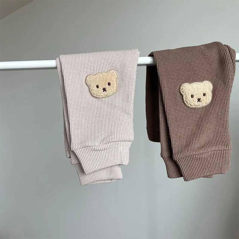 Autumn New Baby Girl Trousers Waffle Bear Embroidery Pants Newborn Baby Boys Clothes Cute Harem Pants