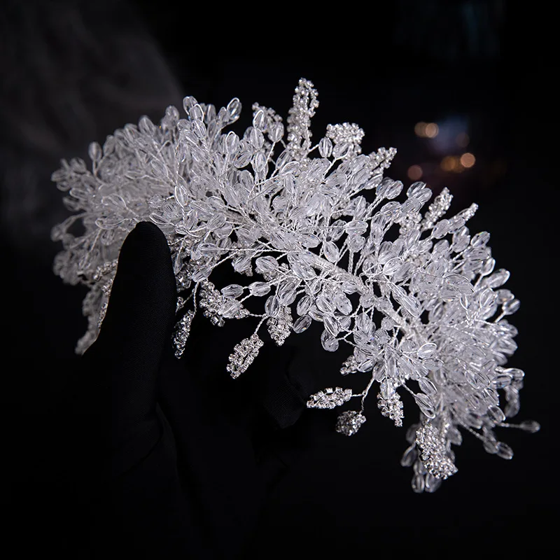 Luxury Crystal Beads Floral Wedding Headbands Bridal Hair Accessories Rhinestone Crown Hairband Bride Tiaras Handmade Headpiece