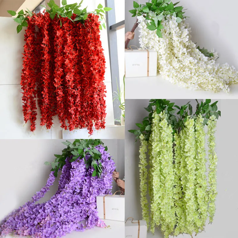 120pcs/lot 165cm White Artificial Silk Hydrangea Flower Wisteria Vine Garland Hanging Ornament For Garden Home Wedding Decor