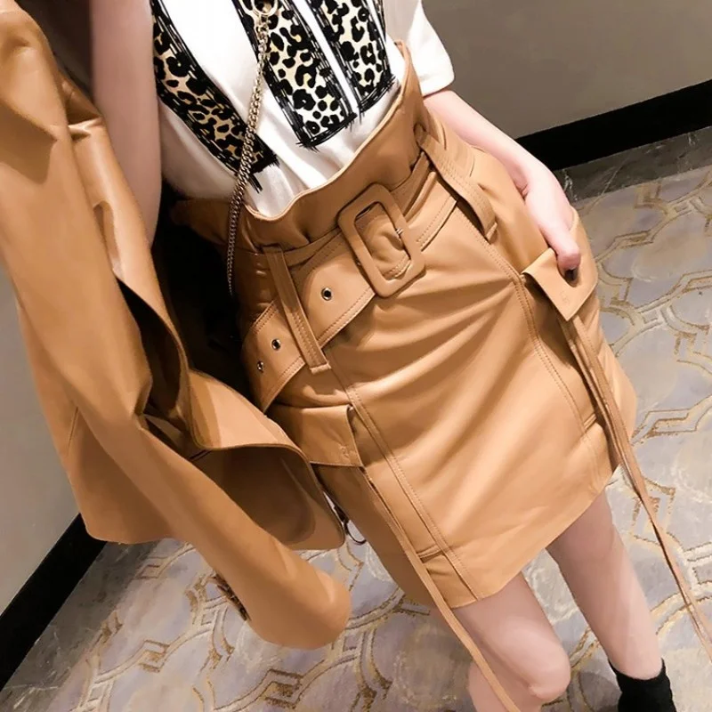 Style Safari Genuine Leather Skirt Women Brand Pockets High Waist Wrap Skirts Zipper Tassel Street Biker Sheepskin Mini Skirt