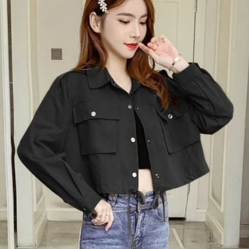 

Jackets Women Spring Basic Cropped Cargo Outwear Korean Style All-match Tunic Lapel Streetwear Punk Coat Pockets Fashion Lace-up