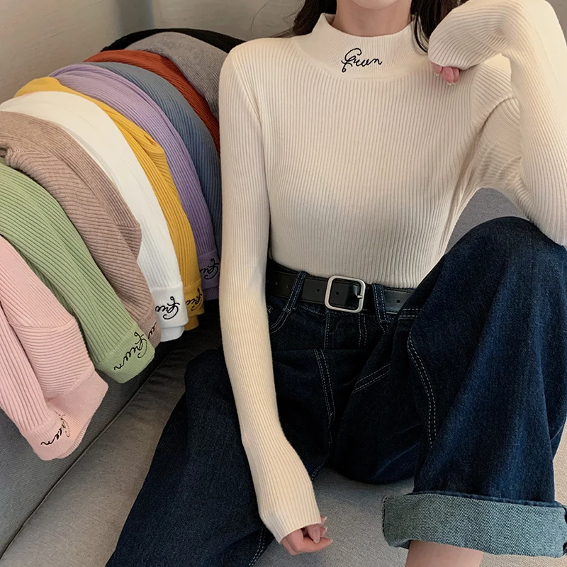 

2024 Autumn Winter Women Embroidery Sweater Knitted Elasticity Casual Jumper Fashion Slim Turtleneck Warm Female Pullovers