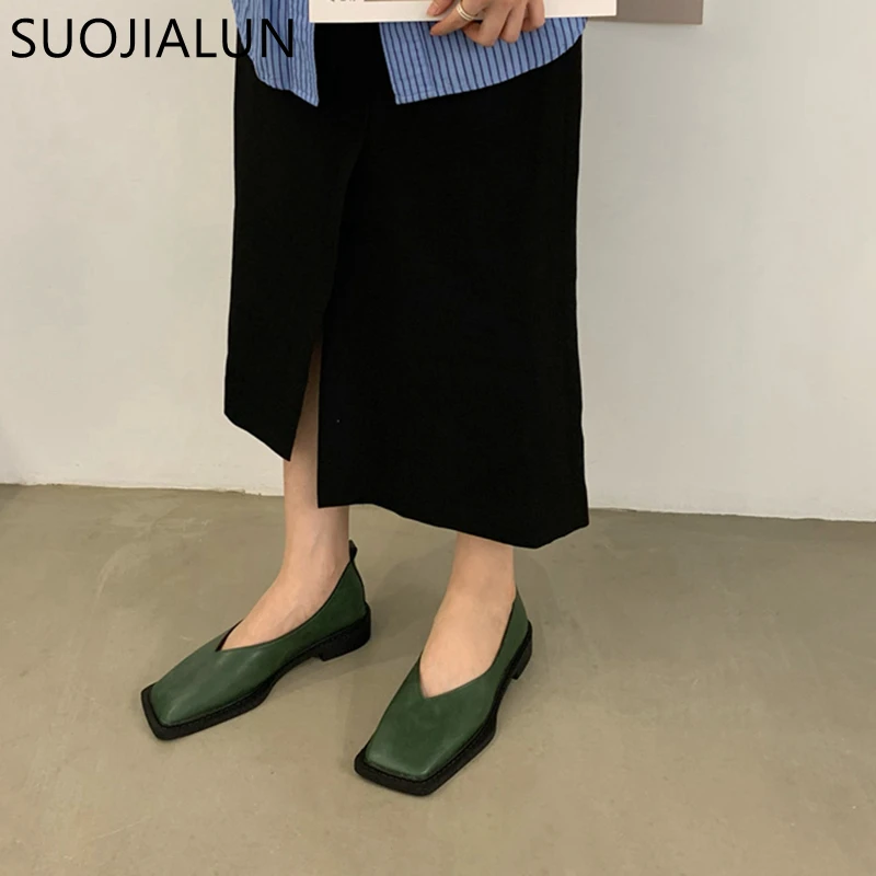 SUOJIALUN 2022 Spring New Flat Shoes Square Toe Square Toe Shallow Mouth Slip on Loafers Ladies Casual Shoes Zapatos Mujer