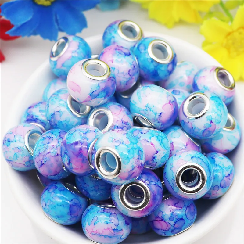 10Pcs Wholesale Nature Marble Stone Flower Large Hole Glass Beads Fit for Pandora Bracelet DIY Women Men Unique Jewelry Making