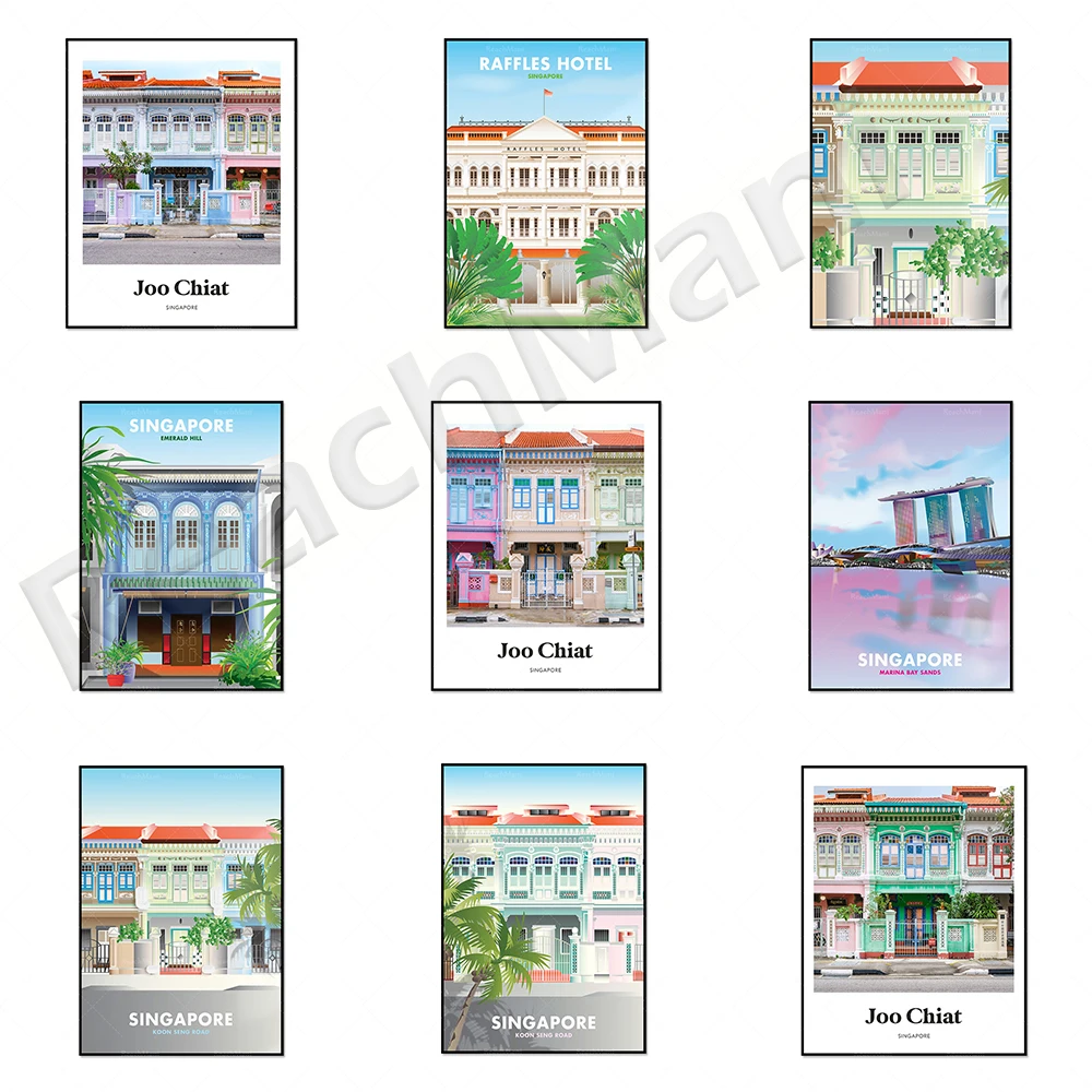 Singapore Green Joo Chiat prints, Marina Bay Sands pink sunset, Emerald Hill, colorful shophouses, photographic Asian travel pos