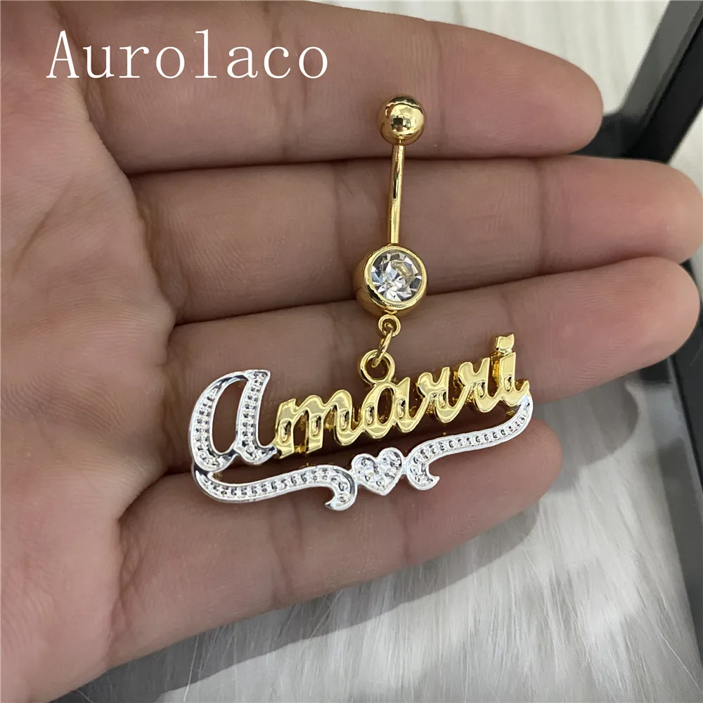 AurolaCo Custom Name Belly Ring Stainless Steel Custom Body Jewelry Zircon Belly Ring Gold Color Gift for Women