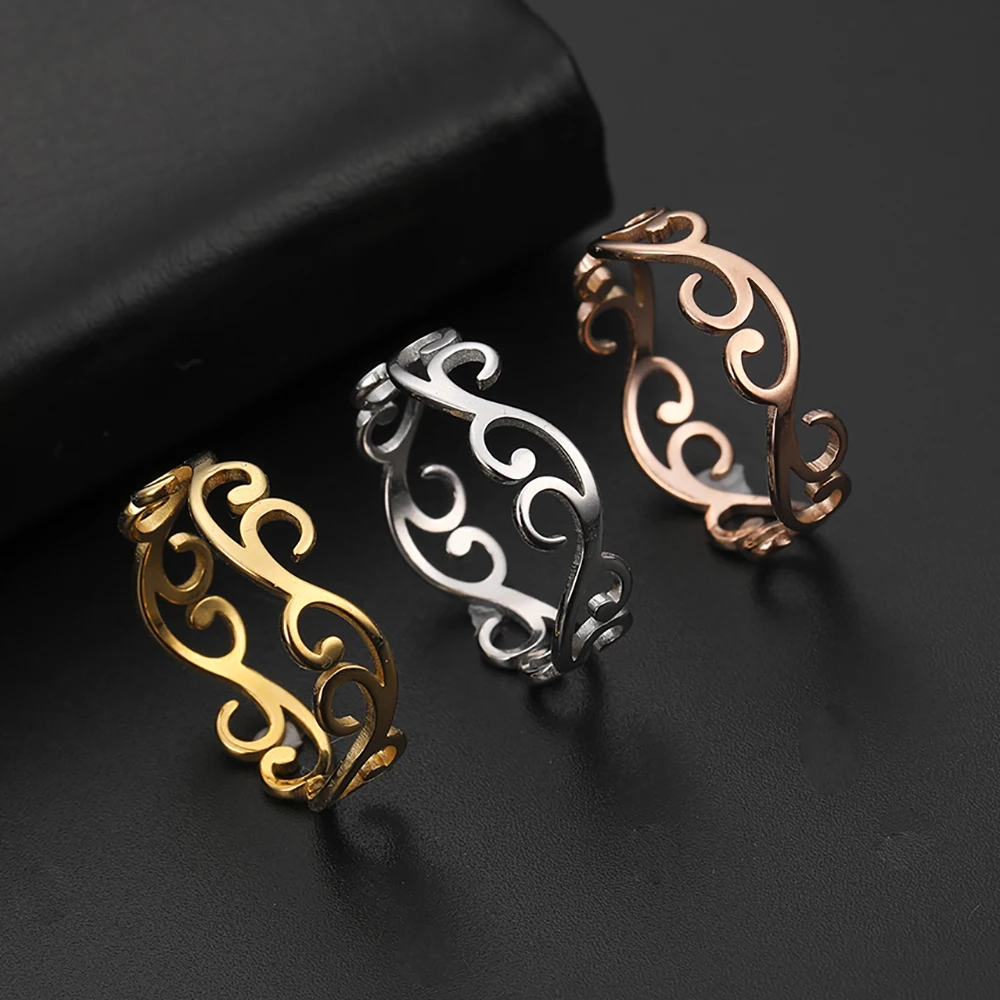 Skyrim Vintage Filigree Flower Ring Women Girls Stainless Steel Romantic Rose Gold Color Casual Rings Jewelry Anniversary Gift