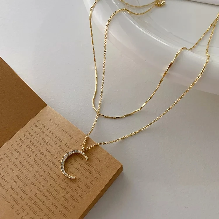 2022 High Quality Korean 18k Gold Plated Fine Jewelry Women Fairy Double Chains Necklaces for Female Star Moon Pendant Mom Gifts