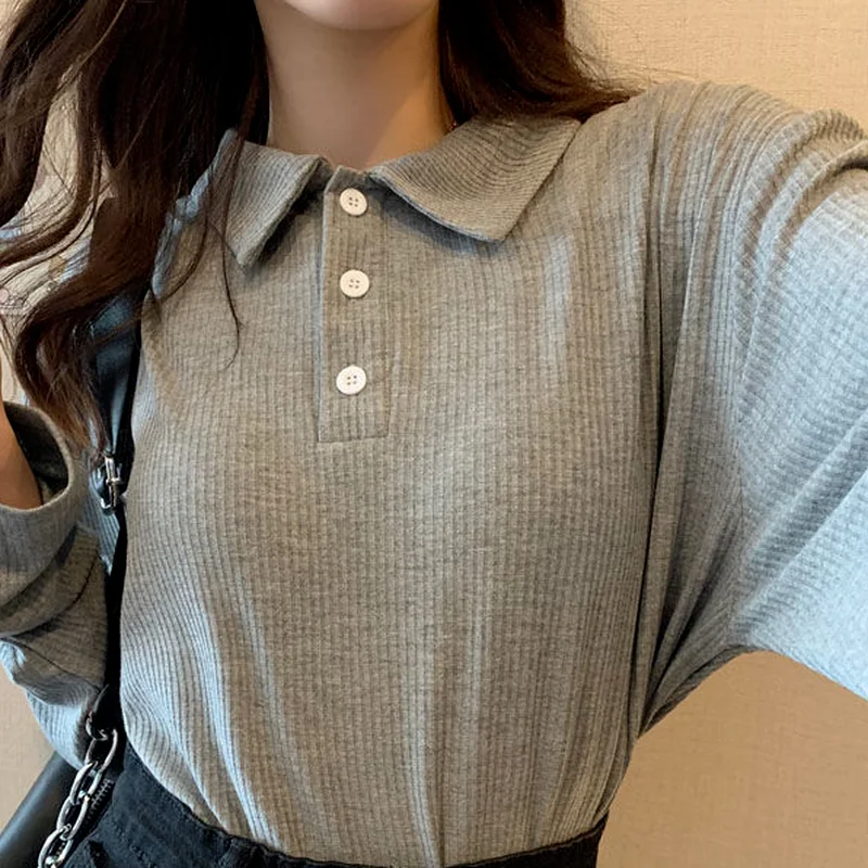 T-shirts Women Simple Korean Preppy Style Maiden Long Sleeve Turn-down Collar Buttons Solid Color Tops Ulzzang Inside Retro Tee