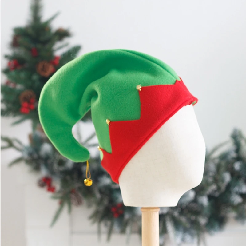 Elf Cap Plush Made with Metal Bell Decoration for Christmas Santa's Helper Hats Caps in Strongly Contrast Colors DropShipping