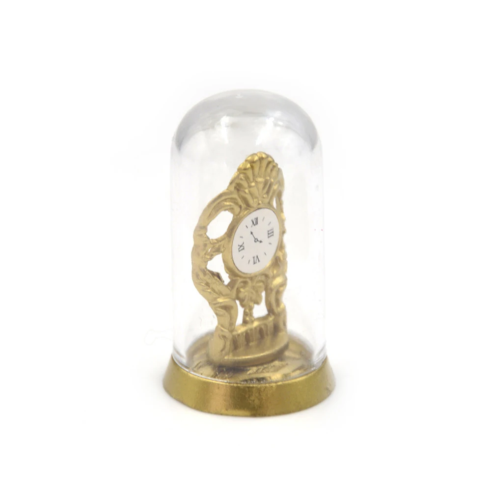 Reloj de manto de cúpula de cristal dorado elegante a escala 1:12, miniaturas de casa de muñecas